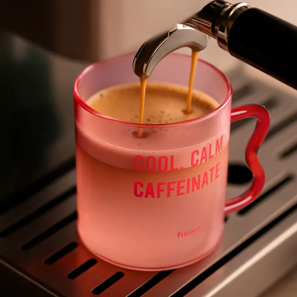 Glass Mug "Cool Calm Caffeinated" Pink and Red