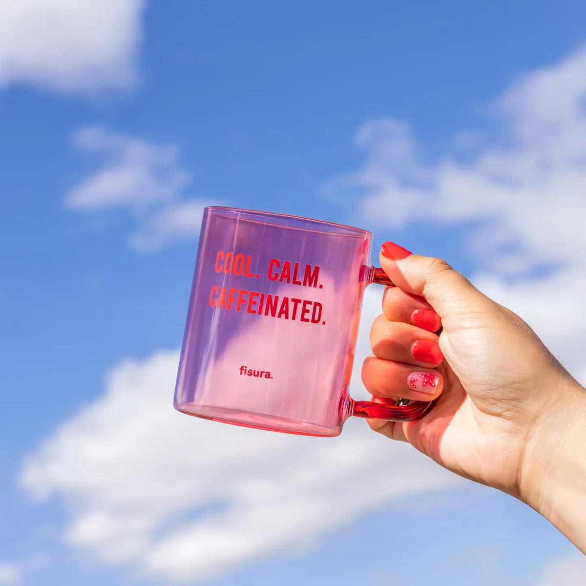 Glass Mug "Cool Calm Caffeinated" Pink and Red