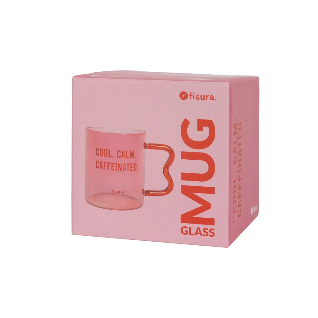 Glass Mug "Cool Calm Caffeinated" Pink and Red